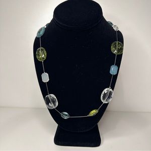 2010s Long Necklace with Blue, Green, and Clear Stones Along Chain.